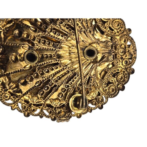 Vintage Germany Cameo Brooch Reverse Carved Lucite AB Rhinestones Ornate Filigre - Picture 3 of 8